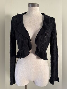 New York & Company Black Ruffle Shrug Cardigan Cotton Ramie M